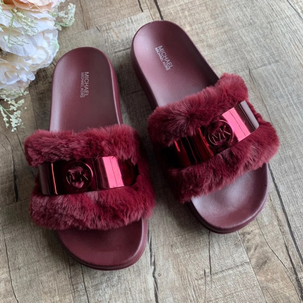 Michael Kors Maroon Fluffy Slide-ons